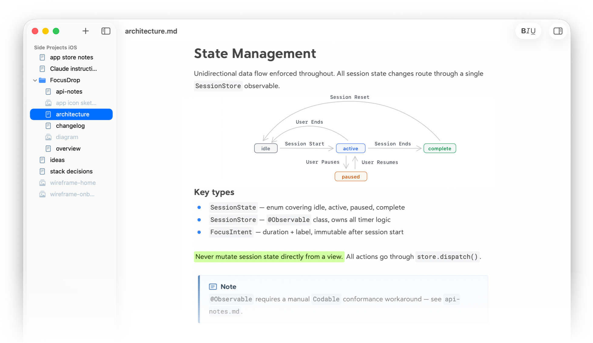Lettera editor showing a Markdown document with a state diagram
