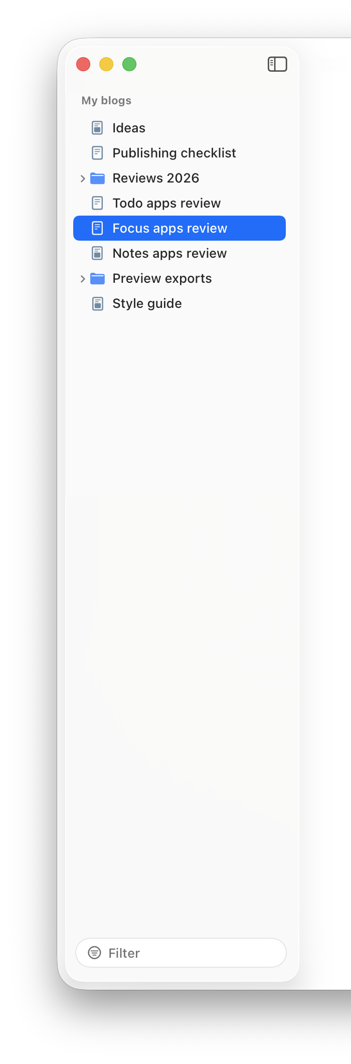 Lettera sidebar showing a folder of blog files