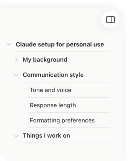 Table of contents panel listing document sections